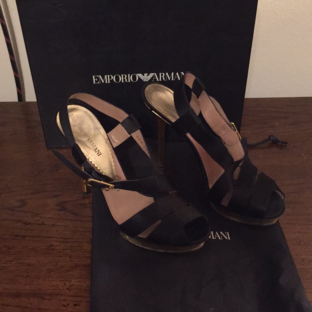 Emporia Armani black satin heels with gold heel